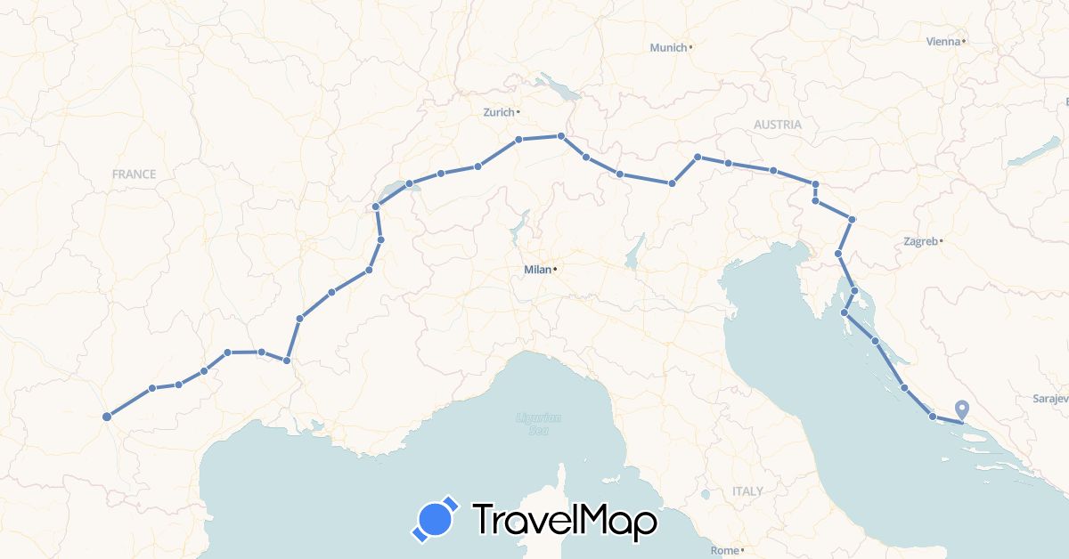 TravelMap itinerary: driving, cycling in Austria, Switzerland, France, Croatia, Italy, Slovenia (Europe)